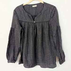 Masscob Geometric Print Popover Top Split Neck Long Sleeve Gray Black Small S